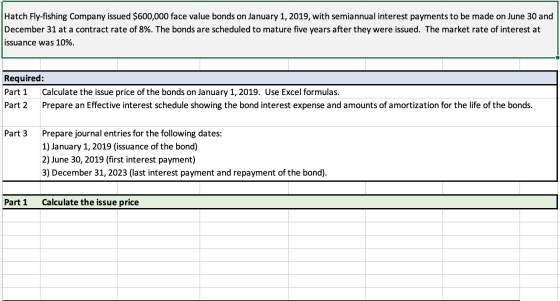 Hatch Fly-fishing Company issued $600,000 face value bonds on January 1, 2019, with semiannual interest payments to be made o