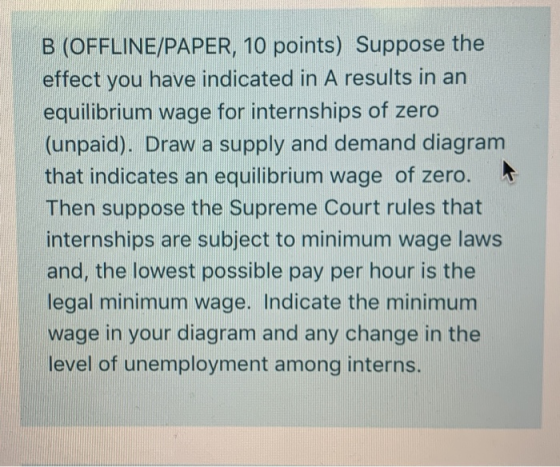 B (OFFLINE/PAPER, 10 points) Suppose the effect you have indicated in A results in an equilibrium wage for internships of zer