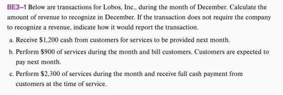 BE3-1 Below are transactions for Lobos, Inc., during the month of December. Calculate the amount of revenue to recognize in D