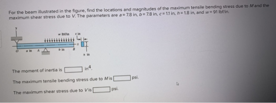 For the beam illustrated in the figure, find the locations and magnitudes of the maximum tensile bending stress due to M and