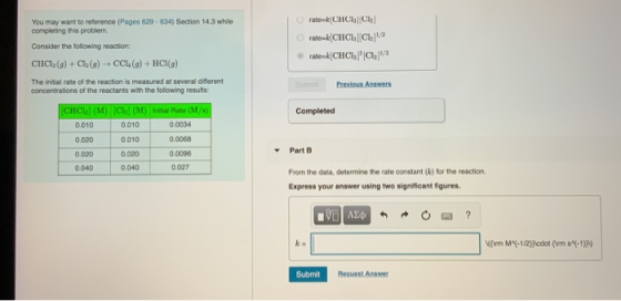 You may want to reference (Pages 629 - 634) Section 14.3 while completing this problem Consider the following reaction: CHC1,