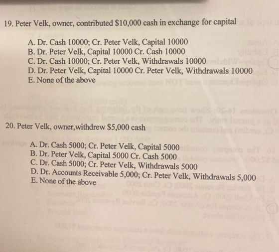 19. Peter Velk, owner, contributed $10,000 cash in exchange for capital A. Dr. Cash 10000; Cr. Peter Velk, Capital 10000 B. D