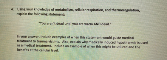 4. Using your knowledge of metabolism, cellular respiration, and thermoregulation, explain the following statement: You aren