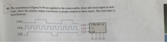 10. The waveforms in Figure 9-69 are applied to the count enable, clear, and clock inputs as indi- cated. Show the counter output waveforms in proper relation to these inputs. The clear input is asynchronous. CTEN CTENCTR DIV 16 CLR