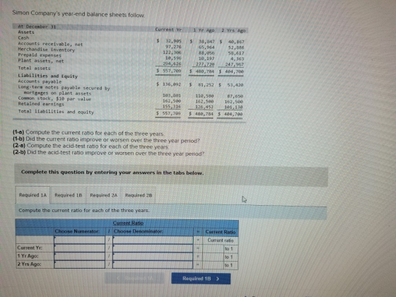 Simon Companys year-end balance sheets follow. Current Yr 1 Yr Ago 2 Yrs Ago At December 31 Assets Cash Accounts receivable,