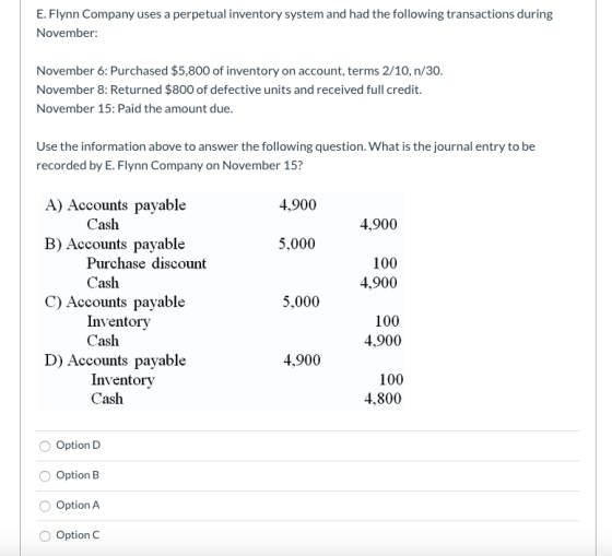 E. Flynn Company uses a perpetual inventory system and had the following transactions during November: November 6: Purchased