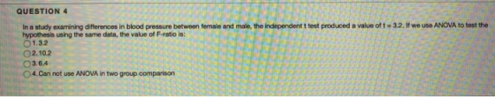 QUESTION 4 3.2. If we use ANOVA to test the In a study examining differences in blood pressure between female and male, the i