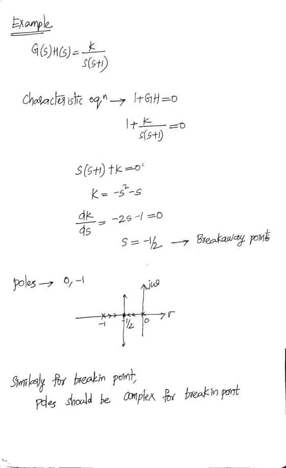 G(S)H(S) = ķ Example s(s+) Characteristic eq → I+GH=0 Itk sist) s(s+i) tk zo K=-g²-s dk ds -25-1=0 s=-1/2 > Breakaway pomy p