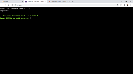 C Chegg х GDB online Debugger Compiler X Q (2) How can I run a C program in X + C onlinegdb.com Enter the Integer number :-5