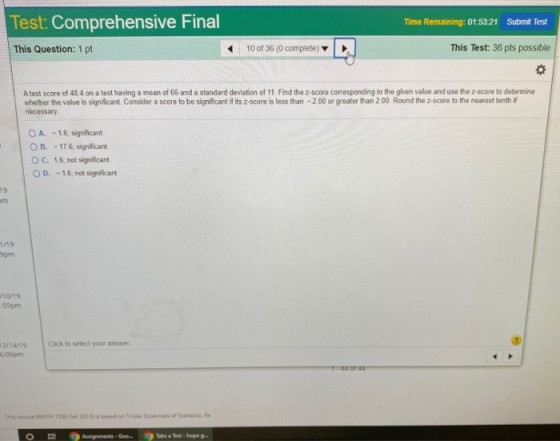 Test: Comprehensive Final Time Remaining: 01:5321 Submit Test This Question: 1 pt 10 of 36 (0 complete) 1016 o compenso This