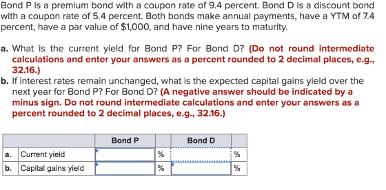 Bond P is a premium bond with a coupon rate of 9.4 percent. Bond D is a discount bond with a coupon rate of 5.4 percent. Both