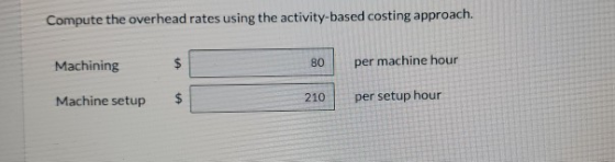 Compute the overhead rates using the activity-based costing approach. Machining $ 80 per machine hour Machine setup $ 210 per