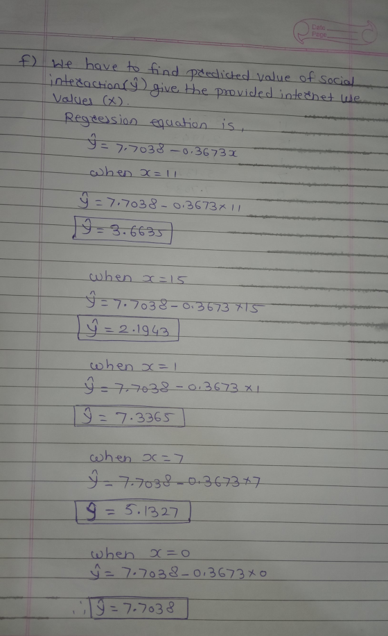 Date Page f) we have to find predicted value of social intečaction ý give the provided inteenet we Values (X). Regression equ