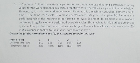 (20 points) A direct time study is performed to obtain average time and performance rating values for the work elements in a
