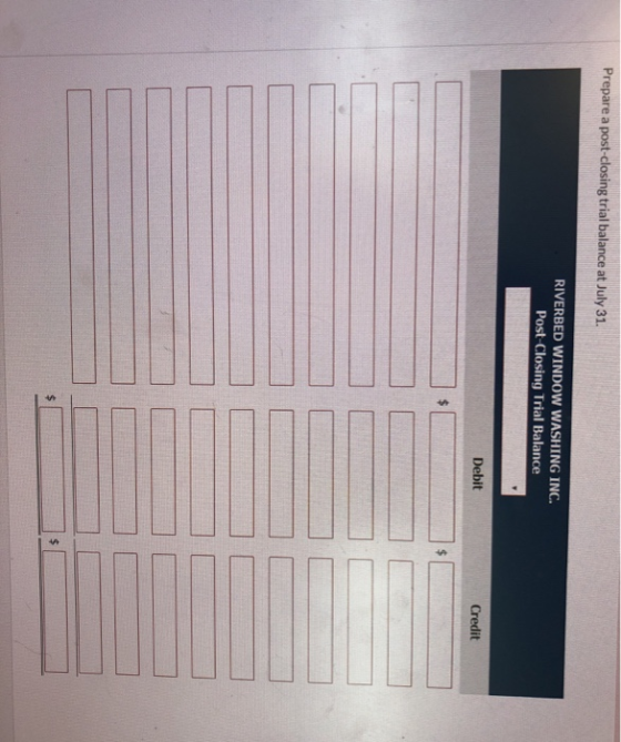 Prepare a post-closing trial balance at July 31. RIVERBED WINDOW WASHING INC. Post-Closing Trial Balance Debit Credit