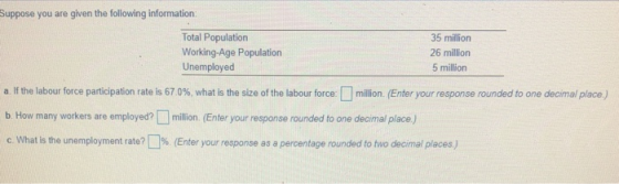 Suppose you are given the following information: Total Population Working-Age Population Unemployed 35 million 26 million 5 m