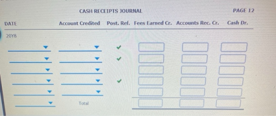 CASH RECEIPTS JOURNAL PAGE 12 DATE Account Credited Post. Ref. Fees Earned Cr. Accounts Rec. Cr. Cash Dr. 2048 Total