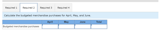 Required 1 Required 2 Required 3 Required 4 Calculate the budgeted merchandise purchases for April, May, and June. April May