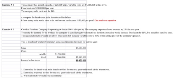 Exercise #1 The company has a plant capasity of 220,000 units. Variable costs are $4,000,000 at this level. Fixed costs are $