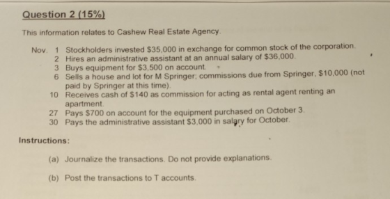 Question 2 (15%) This information relates to Cashew Real Estate Agency. Stockholders invested $35,000 in exchange for common stock of the corporation. 2 Hires an administrative assistant at an annual salary of $36,000. 3 Buys equipment for $3,500 on account 6 Sells a house and lot for M Springer, commissions due from Springer, $10,000 (not Nov. 1 paid by Springer at this time) Receives cash of $140 as commission for acting as rental agent renting an apartment 10 27 Pays $700 on account for the equipment purchased on October 3 30 Pays the administrative assistant $3,000 in salgry for October Instructions: (a) Journalize the transactions. Do not provide explanations. (b) Post the transactions to T accounts.