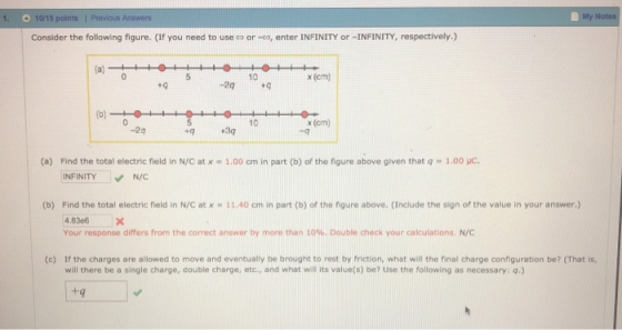 1. My 10/15 points I Previous Answers Consider the following figure. (If you need to use co or-co, enter INFINITY or -INFINITY, respectively.) x (cm) t9 10 x (cm) -2q +q +3q (a) Find the total electric field in N/C at x 1.00 cm in part (b) of the figure above given that q = 1.00 μc. INFINITY N/C (b) Find the total electric field in N/C at x 11.40 cm in part (b) of the figure above. (Include the sign of the value in your answer.) 4.836X Your response differs from the correct answer by more than 10%. Double check your calculations. N/C (c) If the charges are allowed to move and eventually be brought to rest by friction, what will the final charge configuration be? (That is, will there be a single charge, double charge, etc., and what will its value(s) be? Use the following as necessary: q.)