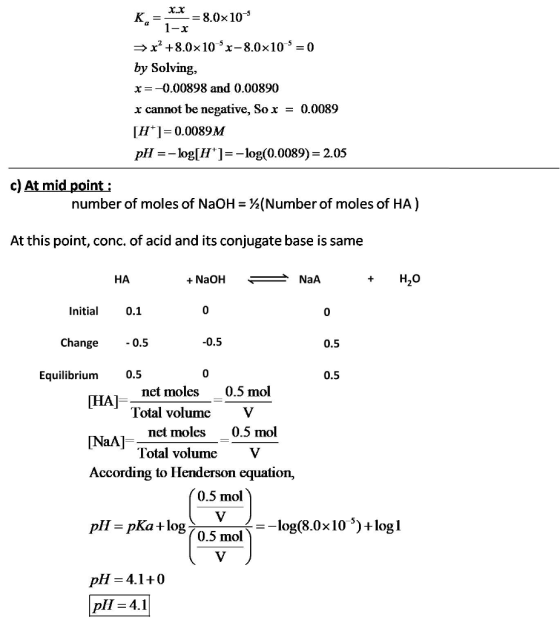 a-8.0x10-5 x2 +8.0× 10 5x-8.0x10 5-0 by Solving, x =-0.00898 and 0.00890 x cannot be negative, so x = 0.0089 H 0.0089M pH = _