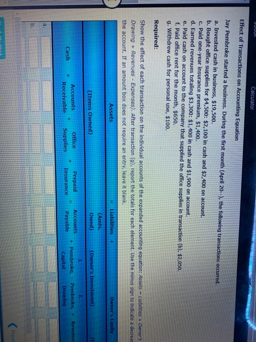 UUUN Calculator Effect of Transactions on Accounting Equation Jay Pembroke started a business. During the first month (April