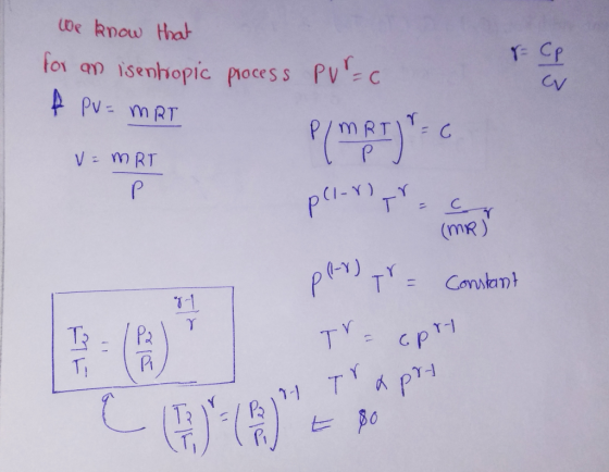 We know that for an isenhropic process PUTAC A Pu= MRT Pymer) V=MRT p plod yr = constant Tracpro тАрт- c ( Ca) = 80