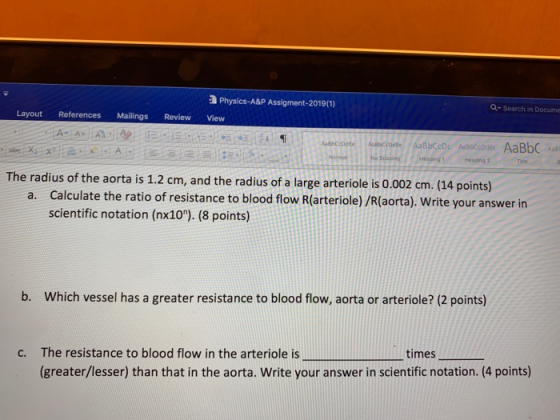Physics-A&P Assigment-2019(1) Q Search in Docume Layout References Mailings Review View The radius of the aorta is 1.2 cm, an
