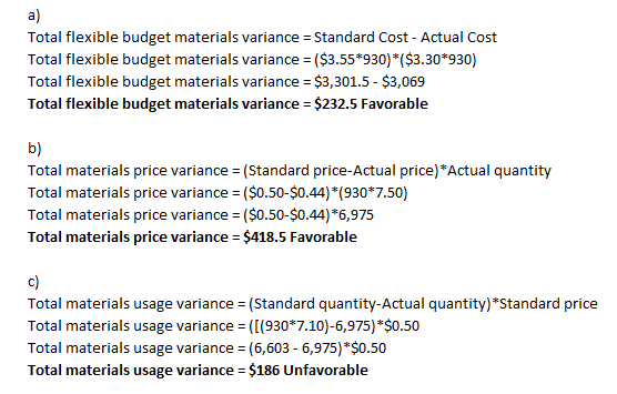 Total flexible budget materials variance = Standard Cost - Actual Cost Total flexible budget materials variance = ($3.55*930)