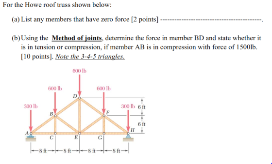 For the Howe roof truss shown below: (a) List any members that have zero force [2 points] (b)Using the Method of joints, dete