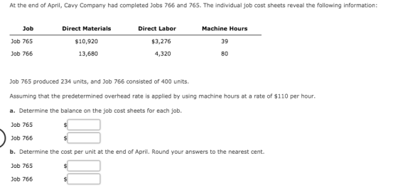 At the end of April, Cavy Company had completed Jobs 766 and 765. The individual job cost sheets reveal the following informa
