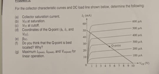 PIUUES. For the collector characteristic curves and DC load line shown below, determine the following: le (mA) 60 600 MA 500