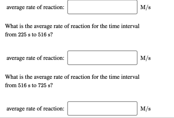 average rate of reaction: M/s What is the average rate of reaction for the time interval from 225 s to 516 s? average rate of