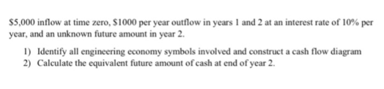 $5,000 inflow at time zero, $1000 per year outflow in years 1 and 2 at an interest rate of 10% per year, and an unknown future amount in year 2 1) Identify all engineering economy symbols involved and construct a cash flow diagram 2) Calculate the equivalent future amount of cash at end of year 2
