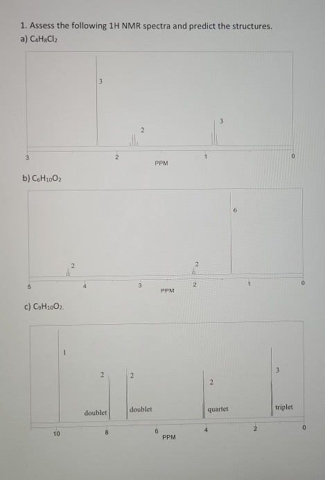 1. Assess the following 1H NMR spectra and predict the structures. a) C&HgCl2 PPM b) CH1002 PPM c) CH1002 doublet doublet tri