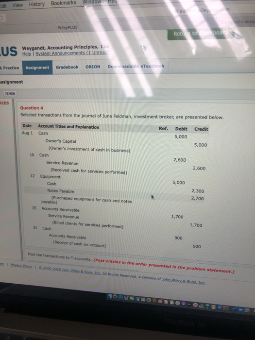 Bookmarks Window Hei Edit View History eo ed transa WileyPLUS Reture to Blackboard US Weygandt, Accounting Principles, 12 Hel