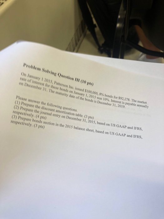 Problem Solving Question I11 (10 pts) On January 1 2015, Patterson Inc. issued $100,000, 8% bonds for $92.27 8. The market e