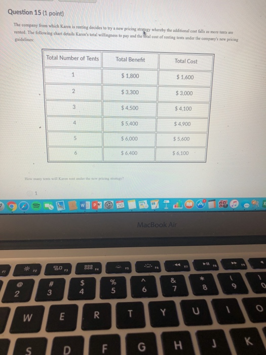 Question 15 (1 point) The company from which Karen is renting decides to try a new pricing stratesy whereby the additional cost falls as more tents are rented. The following chart dectails Karens total willingness to pay and the dial cost of renting tents under the companys new pricing guidelines: Total Number of Tents Total Benefit Total Cost $1,800 $3,300 $4,500 $5,400 $ 6,000 $ 6,400 1,600 $3,000 $4,100 $4,900 $ 5,600 $6,100 How many tents will Karen ret under the new pricing stratcgE MacBook Air 20 p 2 3 4 5 6