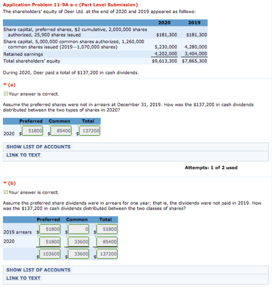 Application Problem 11-9A a-c (Part Level Submission) The shareholders equity of Deer Ltd. at the end of 2020 and 2019 appea