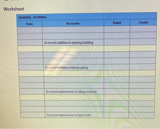 Worksheet GENERAL JOURNAL Date Accounts Debit Credit To record addition to existing building To record addition of landscapin
