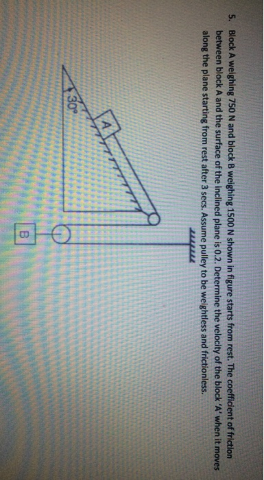 Block A weighing 750 N and block B weighing 1500 N shown in figure starts from rest. The coefficient of friction between block A and the surface of the inclined plane is 0.2. Determine the velocity of the block A when it moves along the plane starting from rest after 3 secs. Assume pulley to be weightless and frictionless. 5. 30°