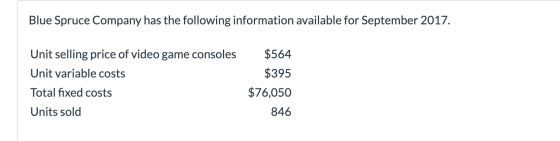 Blue Spruce Company has the following information available for September 2017. Unit selling price of video game consoles Uni