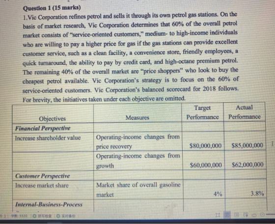 Question 1 (15 marks) 1. Vic Corporation refines petrol and sells it through its own petrol gas stations. On the basis of mar