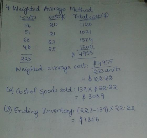 Weighted average cost: $4955 4. Weighted Average Method costcp) Total costcp) : units 1120 107 56 51 68 48 1564 25 1200 $ 995