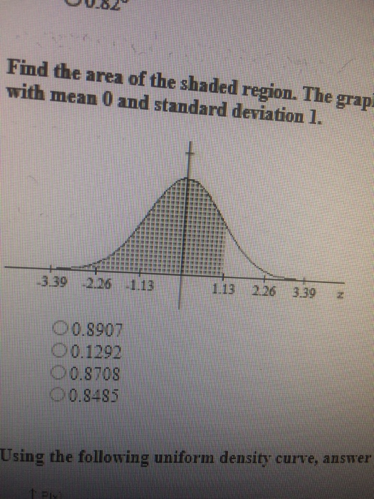 Find the area of the shaded region. The grap with mean 0 and standard deviation 1. 339 26 -11 1.13 126339 00.8907 00.1292 00.8708 0.8485 Using the following uniform density curve, answer