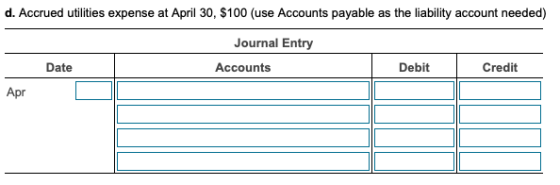d. Accrued utilities expense at April 30, $100 (use Accounts payable as the liability account needed) Journal Entry Date Accounts Debit Credit Apr