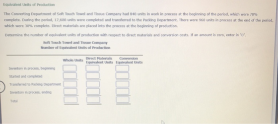 Equivalent Units of Production The Converting Department of Soft Touch Towel and Tissue Company had 840 units in work in proc
