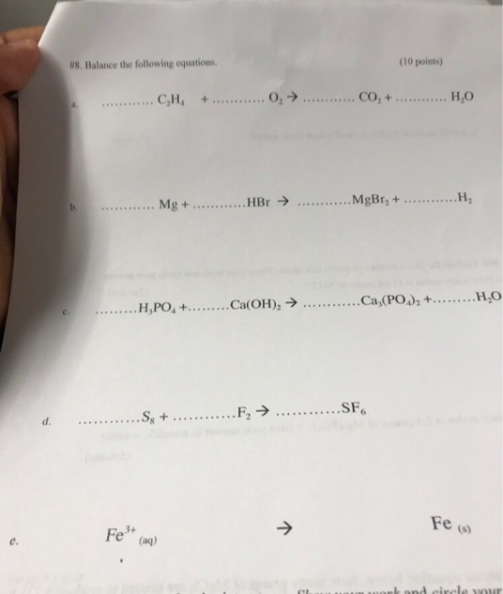 #8. Balance the following equations. (10 points) CH, .. CO,..HO Fe e. Fe (aq)