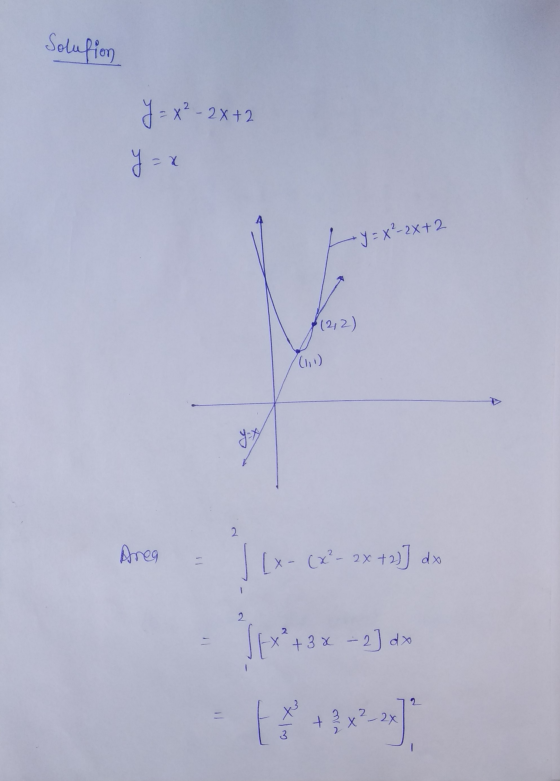 Solution y = x2 - 2x +2 ya -X +y=X²-2x+2 &(2, 2) (1,1) yot 2 Area jo Ix-(x² - 2x + 2)] dx 2 Sex? +3* - 2] dx + 2 x ² - 2x 3